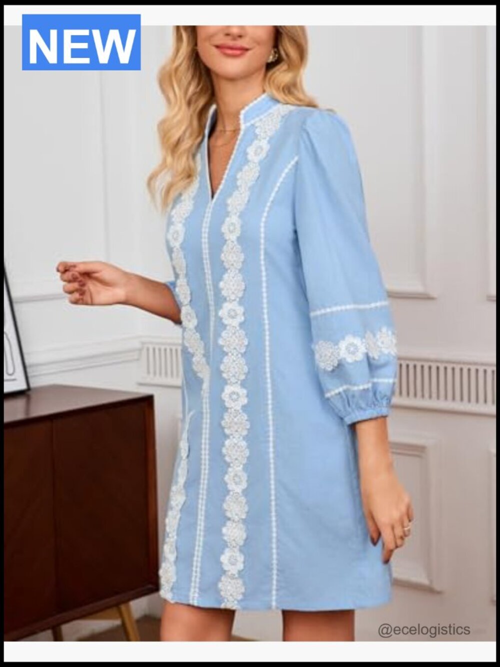 Embroidered Lace Floral Tunic Dress V-Neck 3/4 Puff Sleeve Mini Dress with - Picture 2 of 7